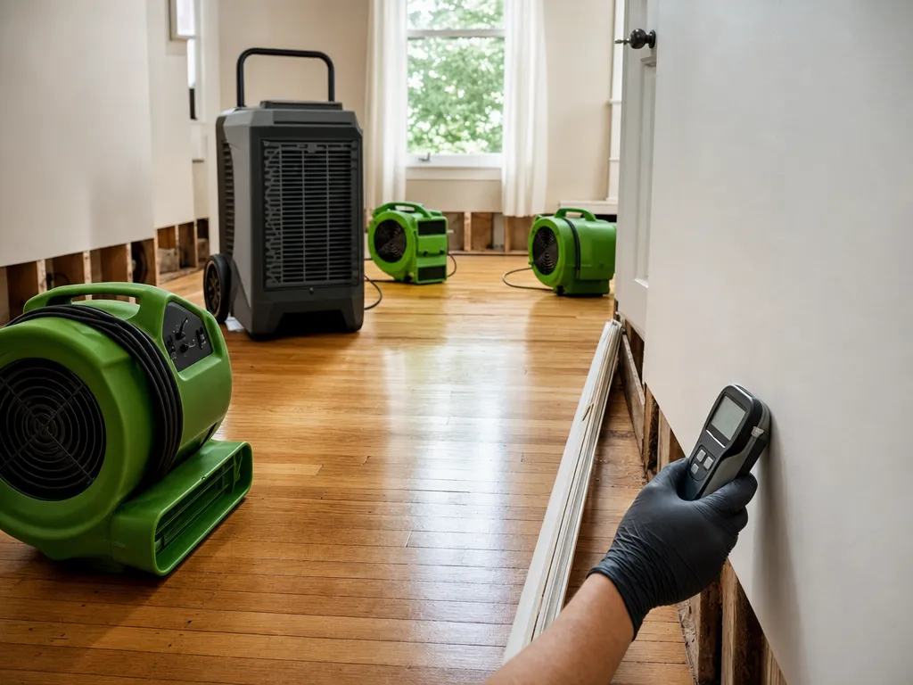 Air movers and dehumidifier drying a water-damaged floor