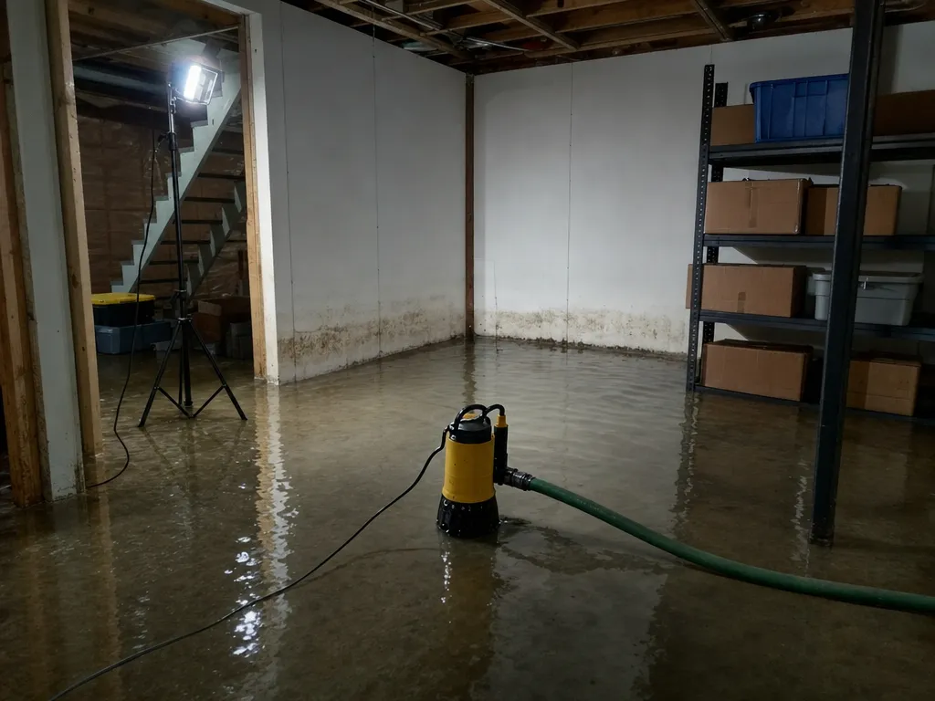 Flooded basement with standing water being pumped out
